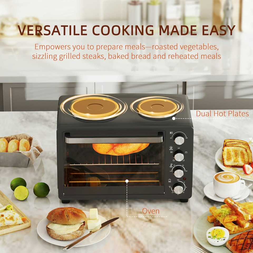 image 1 of HOMCOM 28L Countertop Toaster Oven with 2 Hot Plates, Grill, Roast, Bake