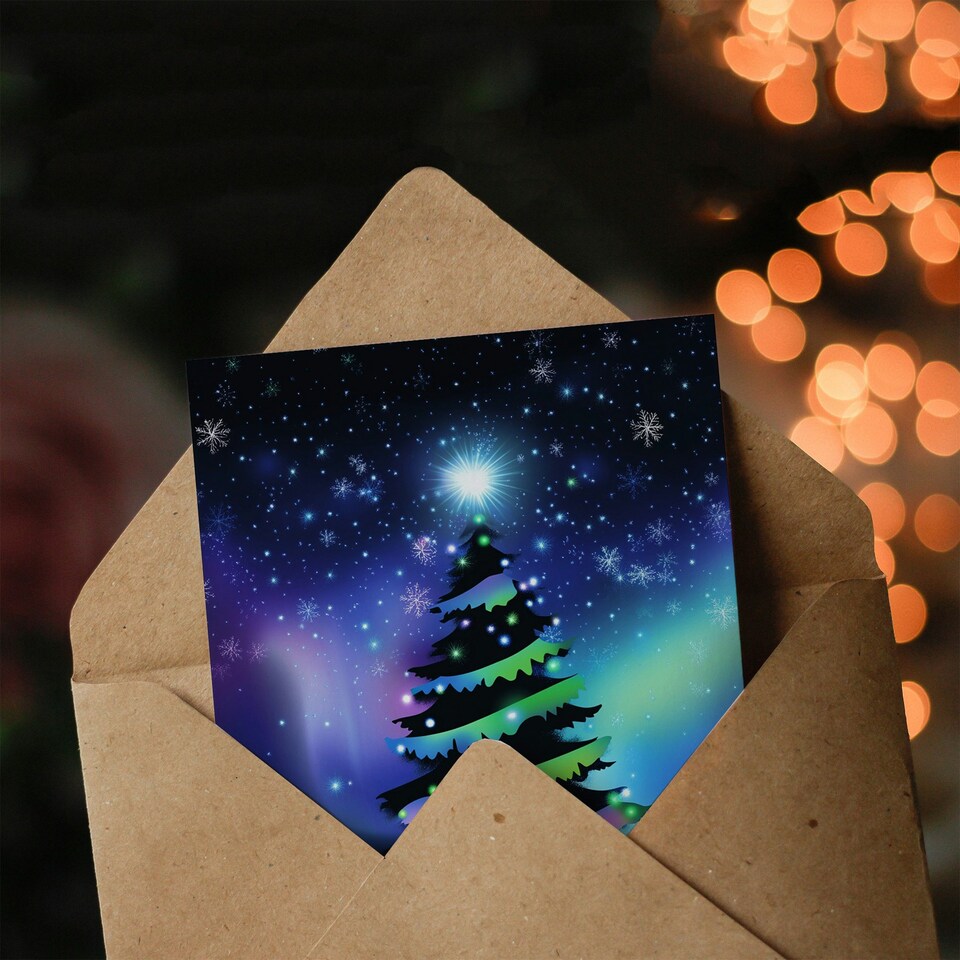 image 1 of Snow Covered Tree Aurora Borealis Blank For Him Or Her Art Xmas Festive Christmas Card