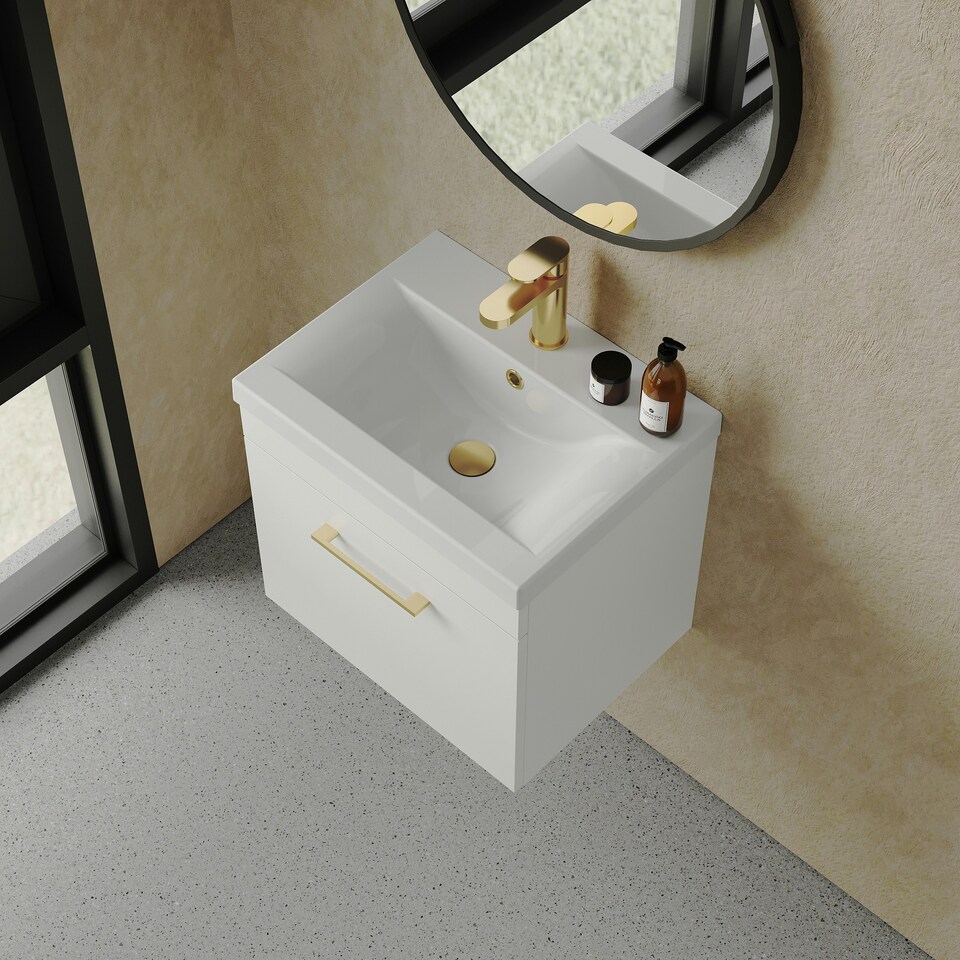 image 1 of Rio 1 Drawer Wall Hung Vanity Basin Unit - 500mm - Gloss White with Brushed Brass D Handle (Tap Not Included) White