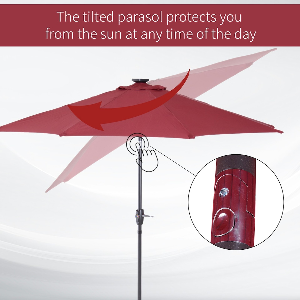image 1 of Outsunny Garden Parasol Outdoor Tilt Sun Umbrella LED Light Red