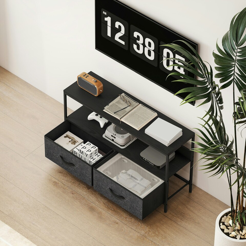 image 1 of HOMCOM TV Cabinet, TV Console Unit with 2 Foldable Linen Drawers Black