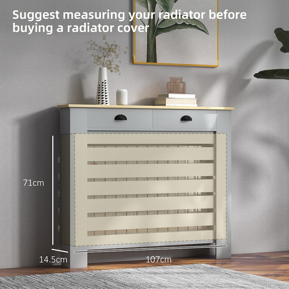 image 1 of HOMCOM Radiator Cover with Drawer, Horizontal Slatted Grill, Grey Painted MDF Wood Cabinet Shelf Heating Cover for Living Room Bedroom Hallway, Medium
