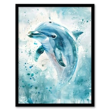 Dolphin Jump Watercolour Light Sea Bathroom Black Framed Wall Art Print A4