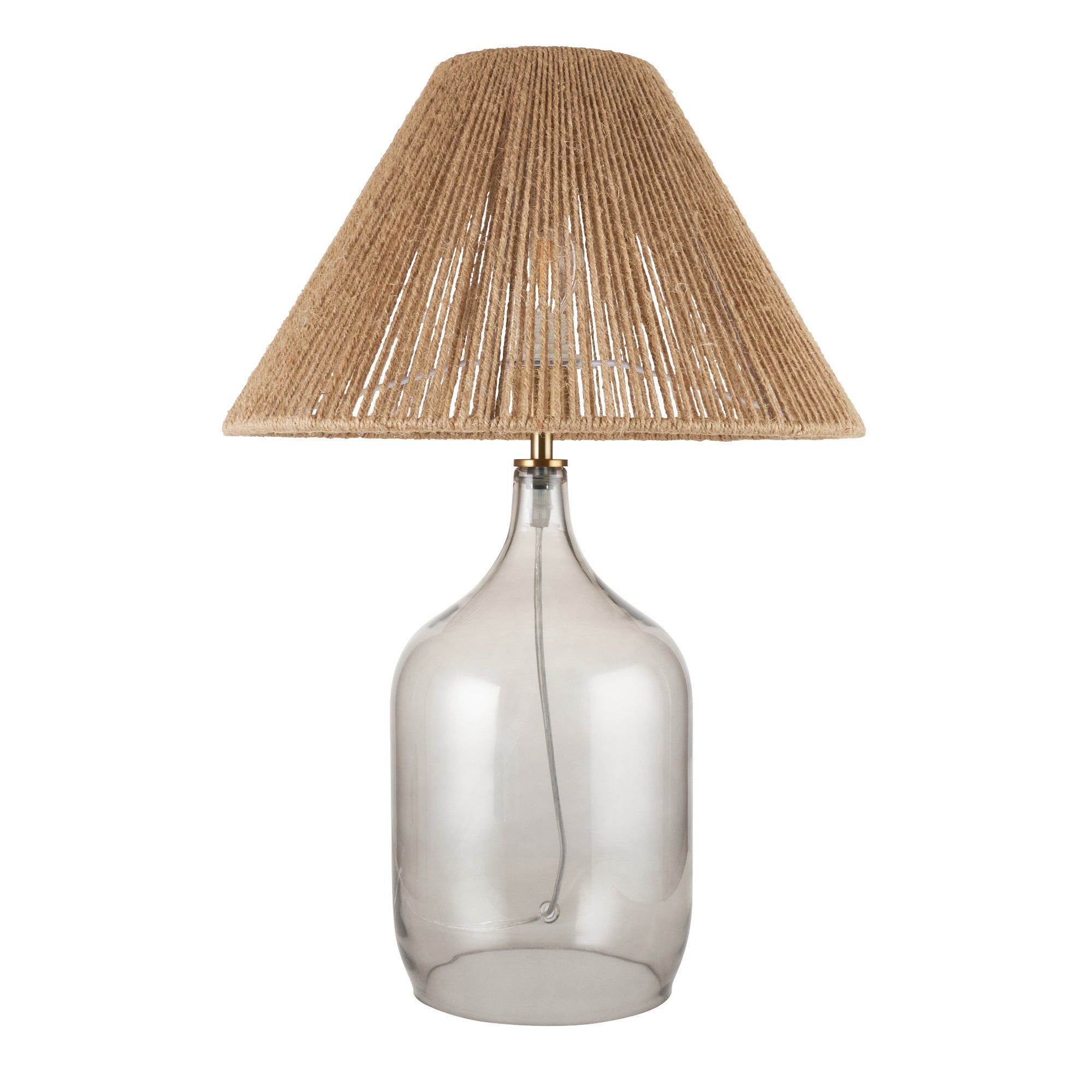 First Choice Lighting Kew - Smokey Tinted Glass Lamp with Natural String Shade in Grey