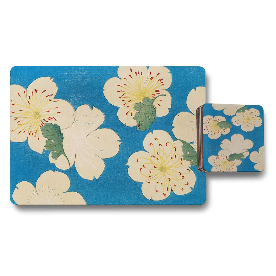 image 1 of Set Of 12 Placemats And Coasters With Designer Artwork And Wood Bottom