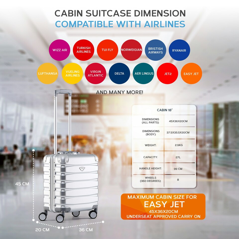 image 1 of Flight Knight Premium Travel Suitcase - 8 Wheels Built-in TSA Lock Aluminium Frame, ABS Hard Shell Carry on Check in Luggage - 100+ Airlines Approved Silver | Aluminium | Cabin Bag