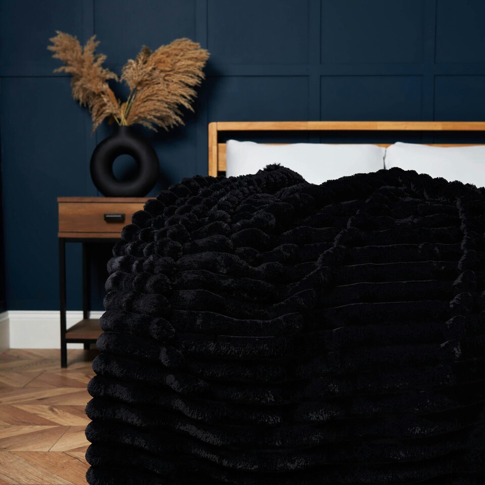 image 1 of BHS Jumbo Cord Throw with Plain Velvet Backing | Black | Black | 1
