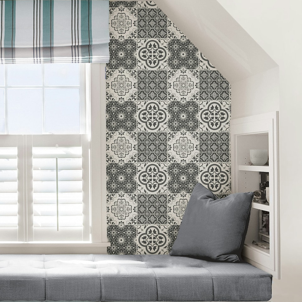 image 1 of NuWallpaper NHS4773 Lisbon Tile Peel & Stick Wallpaper, Charcoal Multi