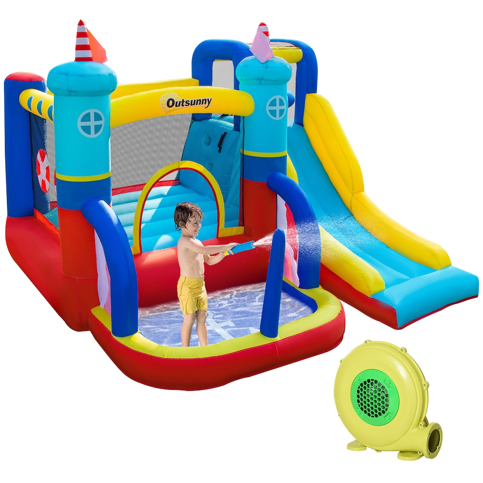 image 1 of Outsunny Kids Bouncy Castle with Slide Pool Trampoline Climbing Wall w Blower