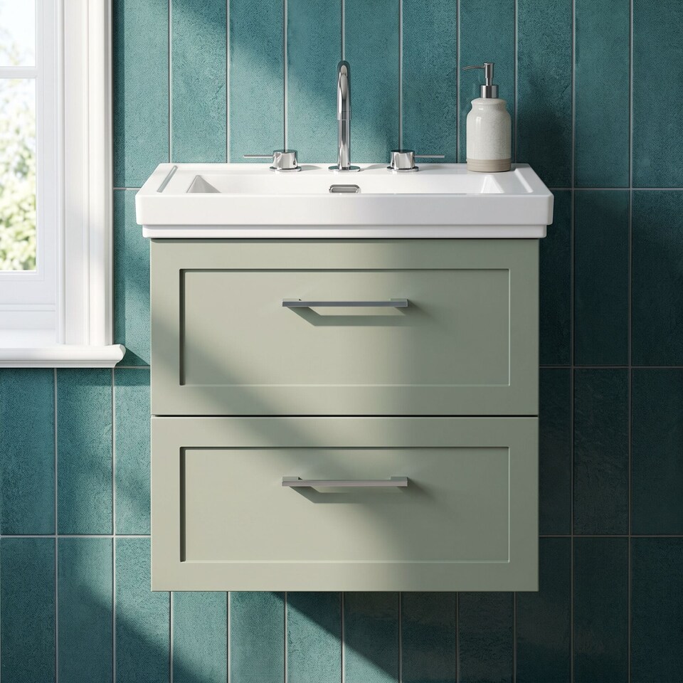 image 1 of Balterley Stonnall Traditional Wall Hung 2 Drawers Vanity Unit with Traditional 3 Tap Hole Fireclay Basin, 600mm, Reed Green