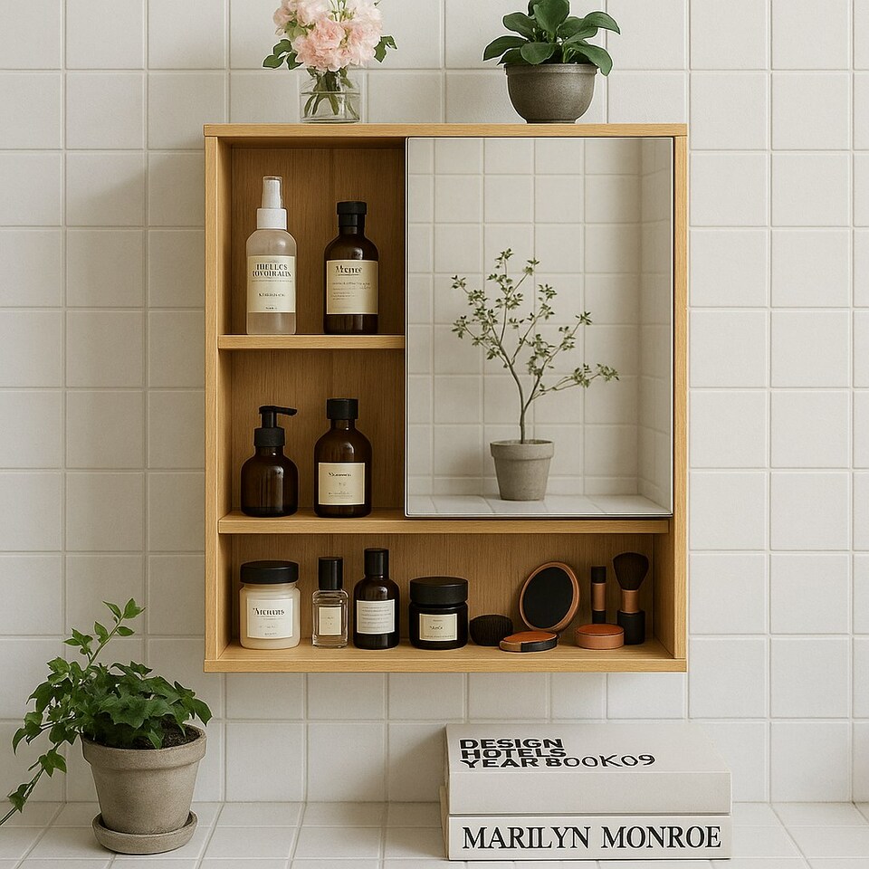 image 1 of Wooden Bathroom Wall Storage Cabinet Organiser With Mirror Natural Brown Brown