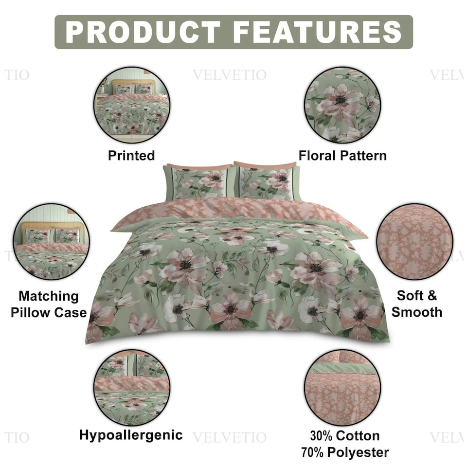 image 1 of VELVETIO Hayes Complete Duvet Cover Set with Fitted Sheet Breathable Bedding Quilt Green | Double