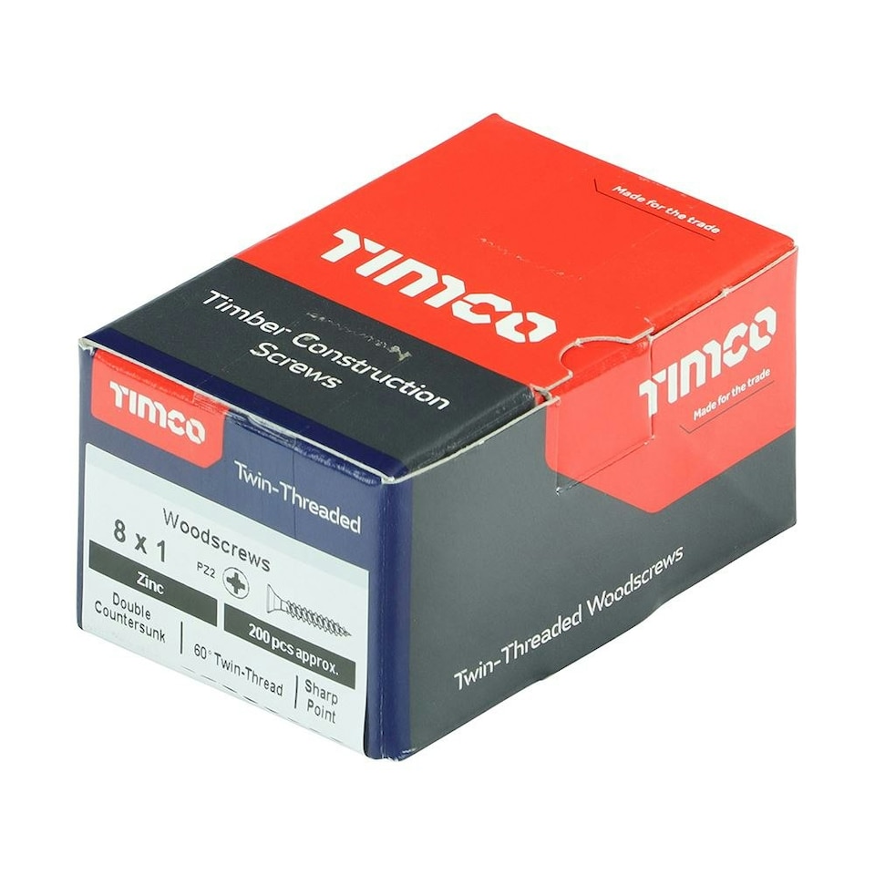 image 1 of Timco - Twin-Threaded Woodscrews - PZ - Double Countersunk - Zinc (Size 8 x 1 - 200 Pieces)
