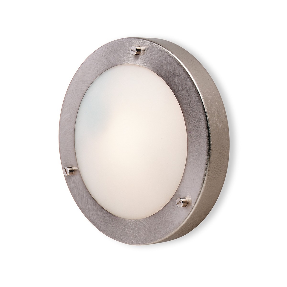 Rondo 1 Light Wall / Flush Ceiling Light Brushed Steel, Opal Glass IP54, G9