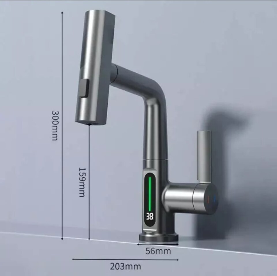 image 1 of Ener J Modern Waterfall Basin Faucet Pull Out Sprayer LED Display Black