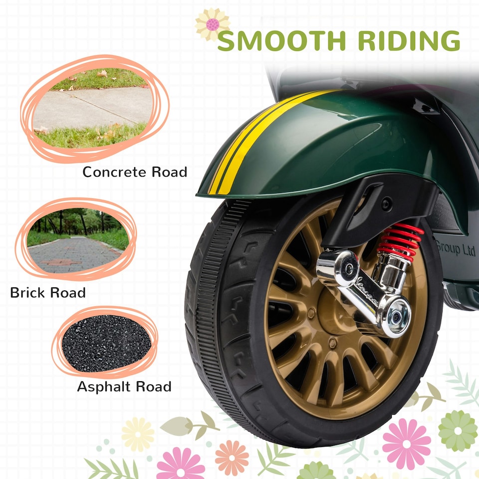 image 1 of AIYAPLAY Vespa Licensed 12V Kids Electric Bike w/ 2 Training Wheels, Green