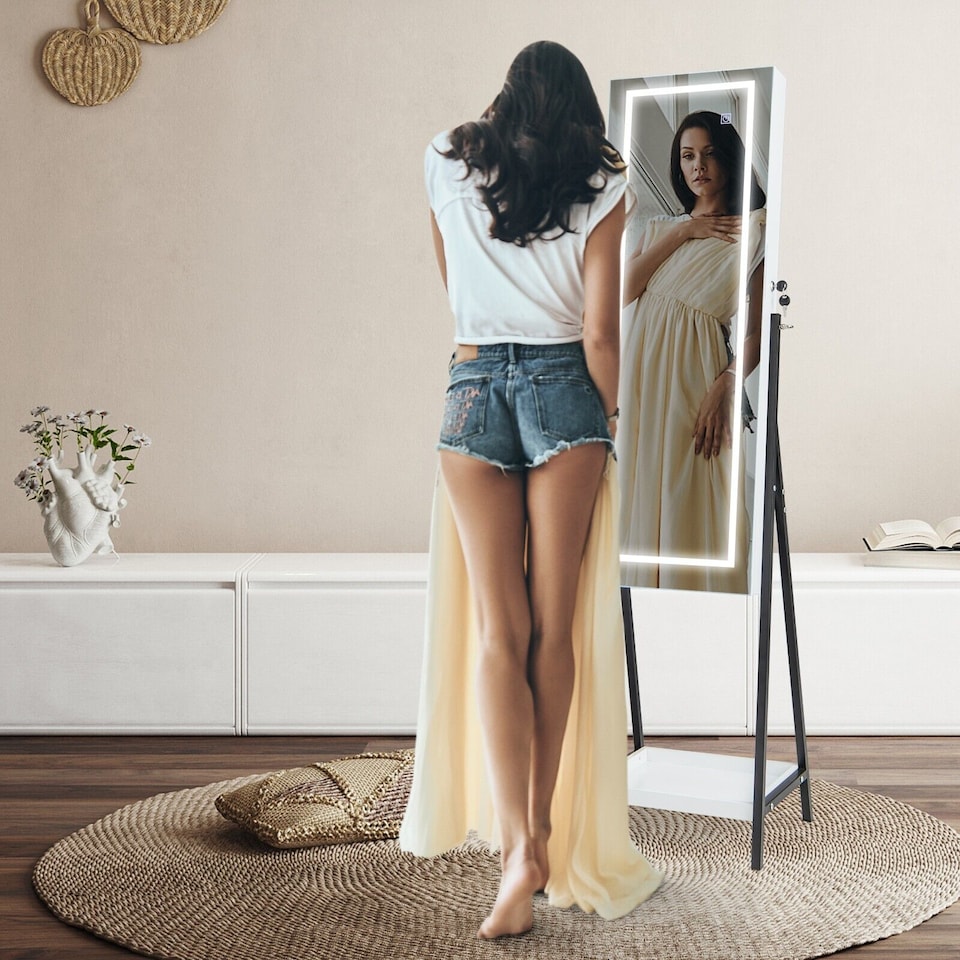 image 1 of COSTWAY LED Standing Jewelry Mirror Cabinet Jewelry Armoire Organizer-White