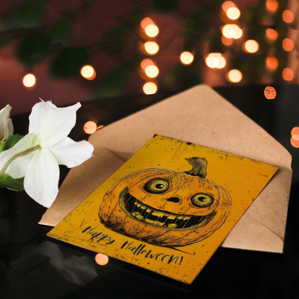 image 1 of Happy Carved Pumpkin Smile Bold Orange Design Halloween Card