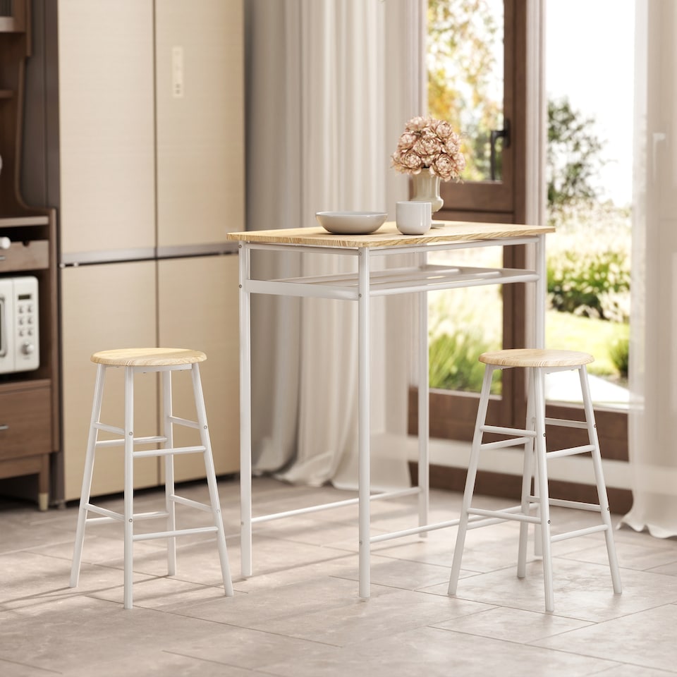 image 1 of HOMCOM Bar Table Set, Bar Table and Stools Set, Footrest and Storage Shelf, for Kitchen, Dining Room, Pub, Cafe, White and Oak