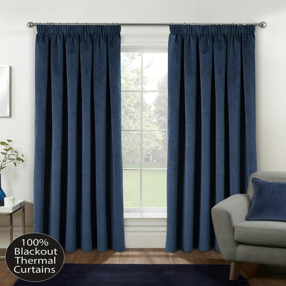 image 1 of Oxford Navy Velvet Curtains 46 x 54 inch (117 x 137 cm) 100% Blackout Pencil Pleat Thermal Noise Reducing Curtains for Bedroom and Living Room
