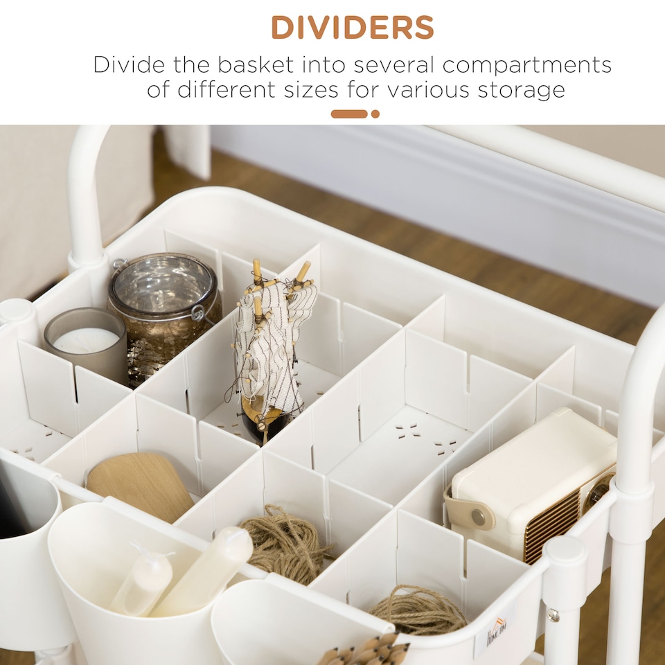 image 1 of HOMCOM 3 Tier Utility Rolling Cart, Kitchen Cart with 3 Removable Mesh Baskets, 3 Hanging Box, 4 Hooks and Dividers for Living Room, Laundry, Garage, White