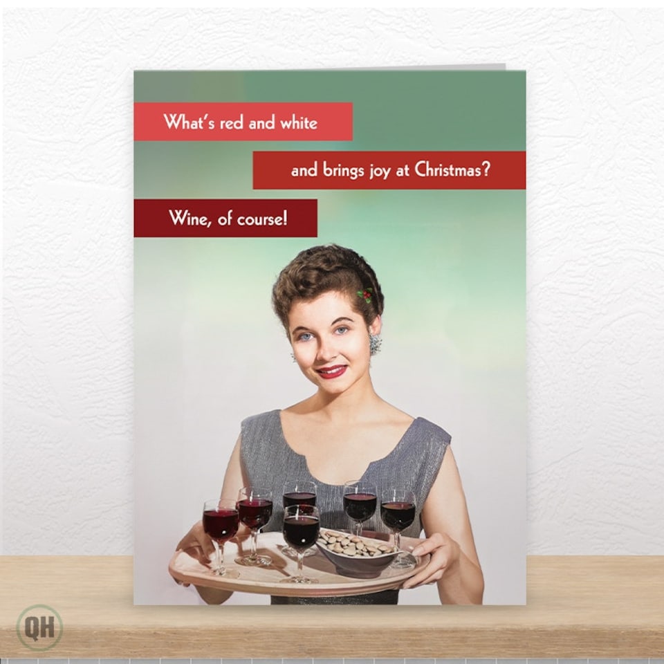 image 1 of What's Red And White And Brings Joy At Christmas? - Funny Retro Christmas Card