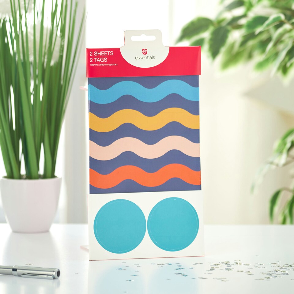 image 1 of Multipack of 6 Sheets of Gift-Wrapping Paper & 6 Tags | Birthdays/Thank You | For Him/Boys/Kids | Wave Design Multi