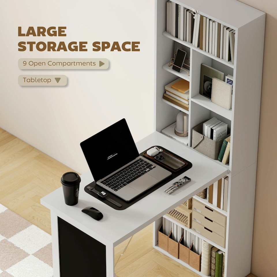 image 1 of HOMCOM Folding Convertible Desk with Blackboard and Bookshelf, White