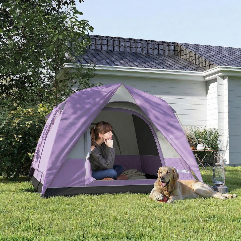 image 1 of Outsunny 3-4 Person Camping Tent, Waterproof Tent, Purple | Purple | Purple | 200 x 200 x 135 cm