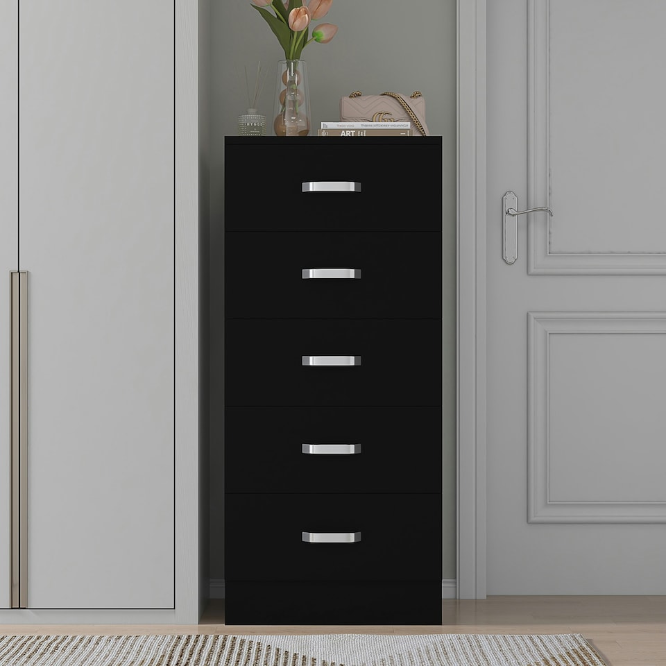 image 1 of FWStyle Tunis 5 Drawer Tallboy Slim Chest Of Drawers - Matt Black