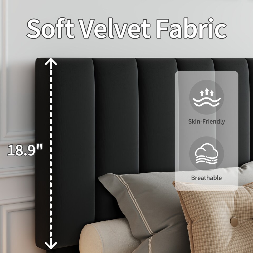 image 1 of London Boutique Double Velvet Upholstered Bed Frame with Adjustable Tufted Headboard - Black