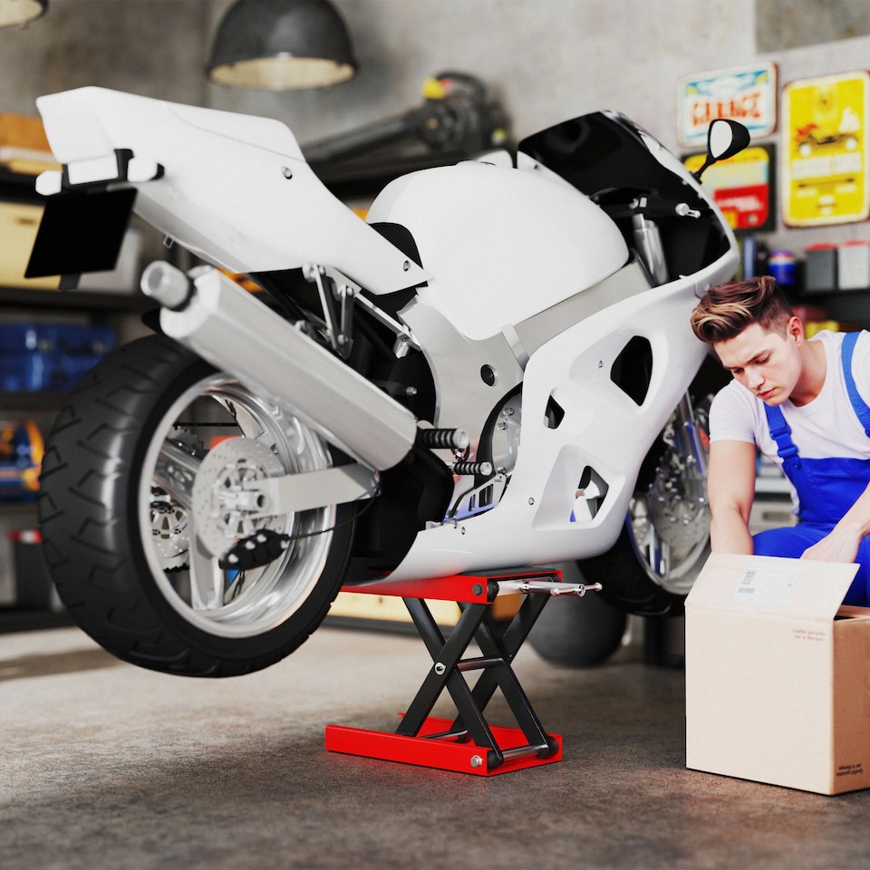 image 1 of DURHAND 500KG Motorcycle Lift Scissor Jack, Height Adjustable Motorbike Stand with Anti-Slip Wide Deck, Heavy Duty Steel Motorbike Repair Lift Hoist Stand for Home Garage, Red