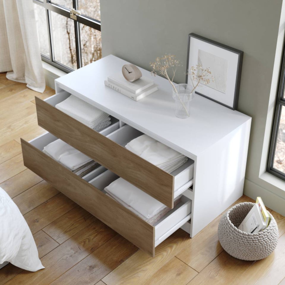 image 1 of URBNLIVING 4 Drawer Wide Chest Of Drawers Bedroom Storage Unit | Multi | White Carcass + Oak Drawers