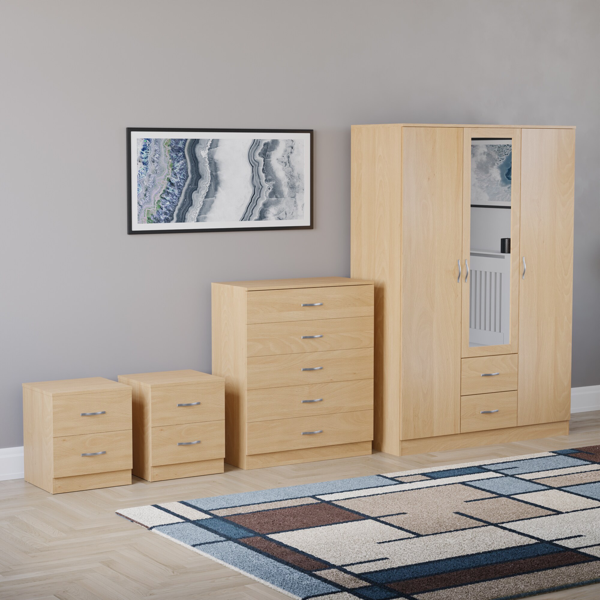Vida Designs Riano 4 Piece Bedroom Set (2x 2 Drawer Bedside Chest, 5 Drawer Chest, 3 Door 2 Drawer Mirrored Wardrobe) - Pine