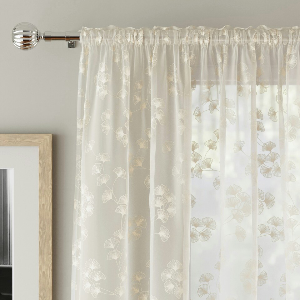 image 1 of Pair of Delila Cream Trail Leaf Print Voile Panels 137 cm (54 inch) Rod Pocket Panels for Bedroom and Living Room