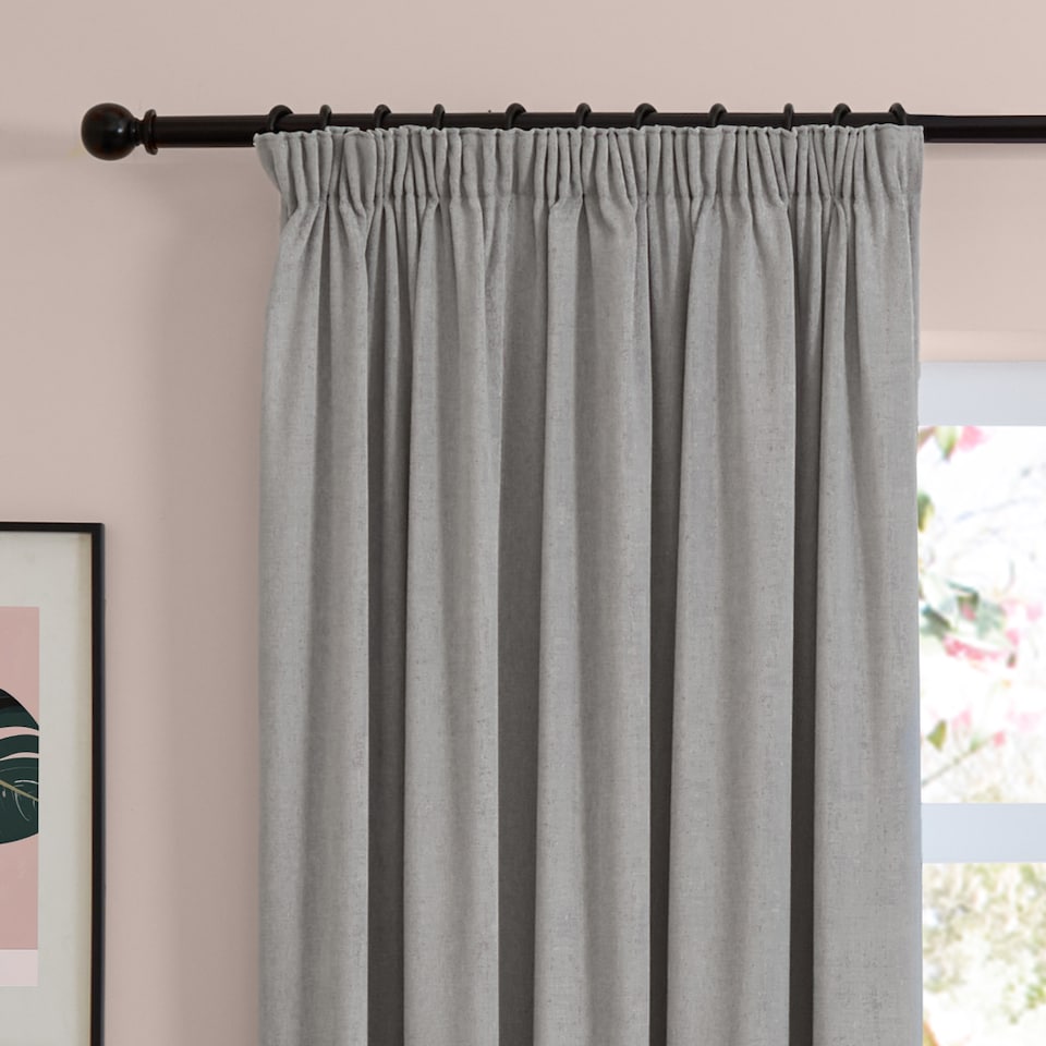 image 1 of Furn Soft Chenille Blackout Pencil Pleat Curtain Pair, 117cm width x 183cm drop | Silver | Silver | 1