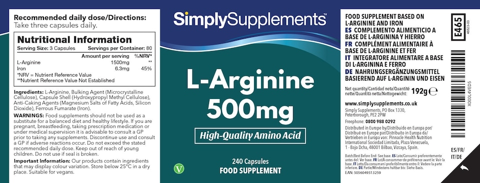 image 1 of L-Arginine 500mg - 240 Capsules