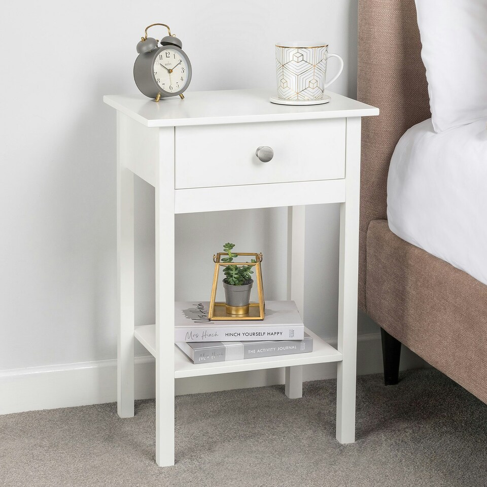 image 1 of Christow White Bedside Table Bedroom Cabinet Nightstand With Drawer & Shelf