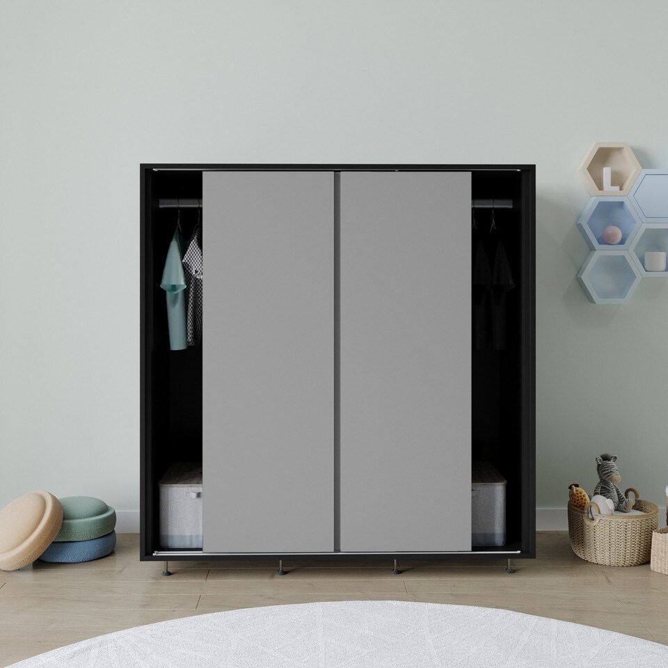 image 1 of 120cm 3 Sliding Doors Children Kids Wardrobe Bedroom Storage Closet Hanging Rail | Multi | Black with Grey Doors | 1