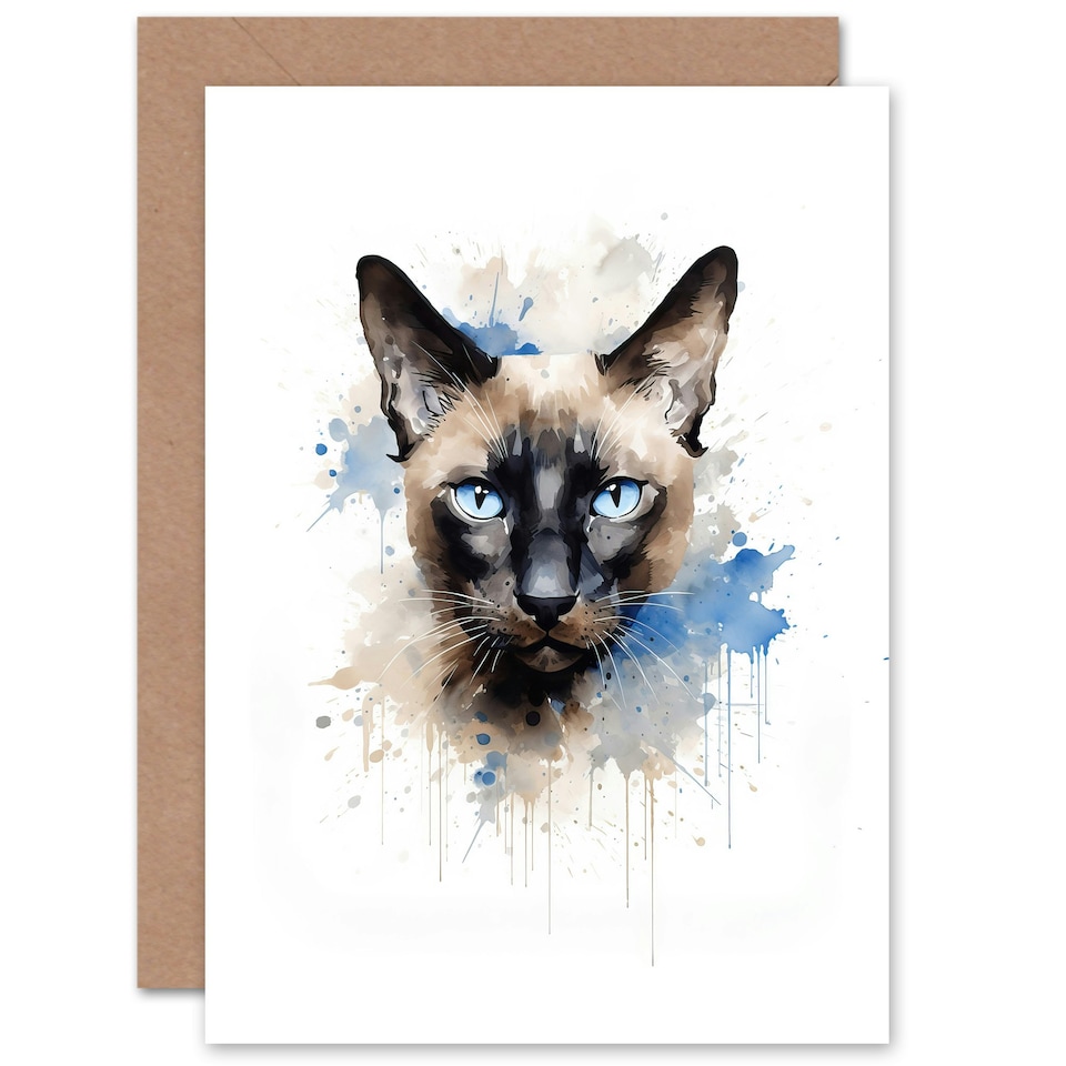image 1 of Cat Lover Siamese Watercolour Animal Portrait Painting Greeting Card