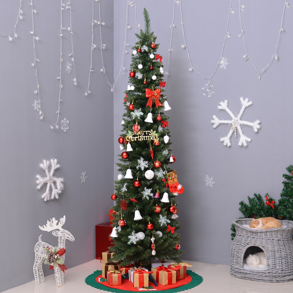 image 1 of HOMCOM 7ft Unlit Artificial Christmas Tree, Pencil Slim mas Tree with Solid Stand and Realistic Branches, Green