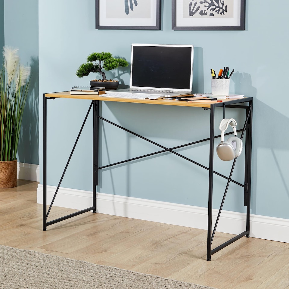 image 1 of Folding Compact Desk Storage Hook Wood Metal Office Computer Table Workstation | Brown