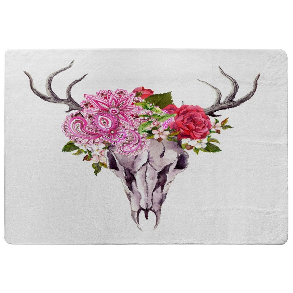 image 1 of Deer animal skull with flowers and feathers (Rug) Pink | Medium: 80x150cm