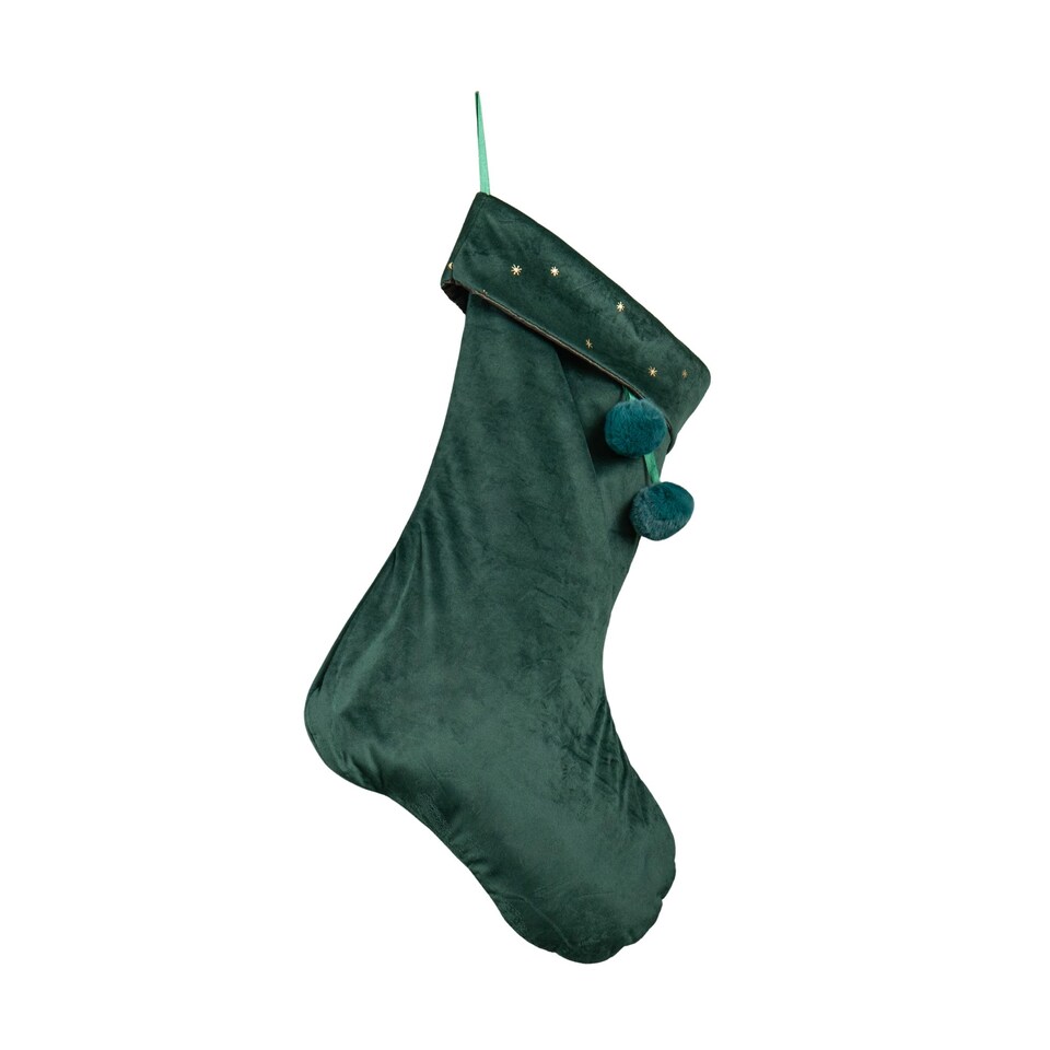 image 1 of 70cm Hanging Dark Green Velour Star Print Christmas Stocking with Pom Poms