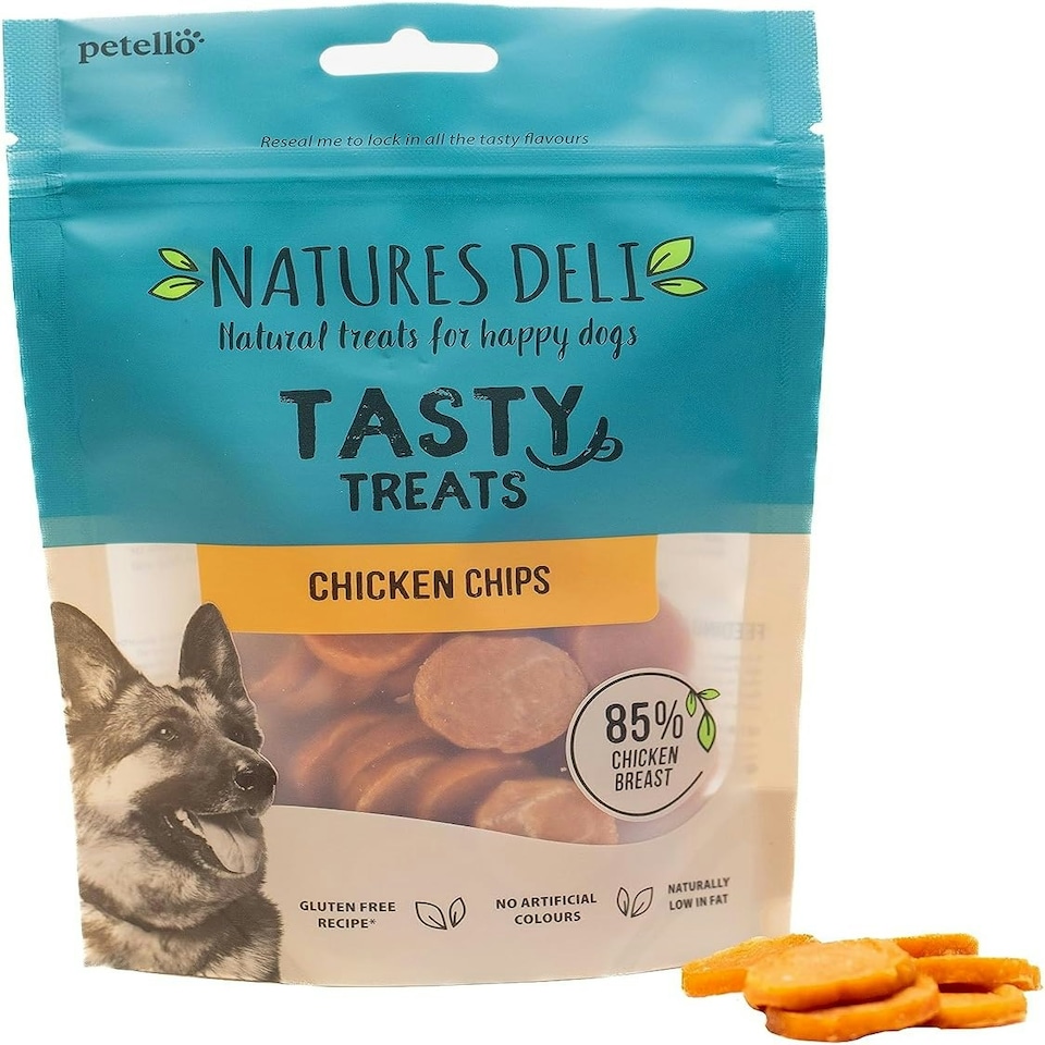 image 1 of Natures Deli Chicken Chips Dog Treats, Gluten Free Low Fat Bite-size Treats for Dogs, High Protein Dog Biscuits - 100 g