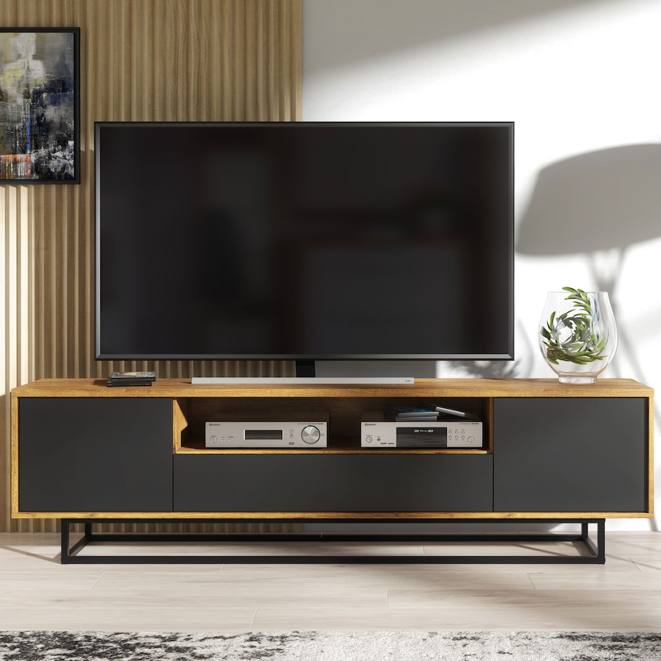 image 1 of TV Unit Sideboard Cabinet Storage Cabinet Oak Black Matt Media Console Stand 200cm