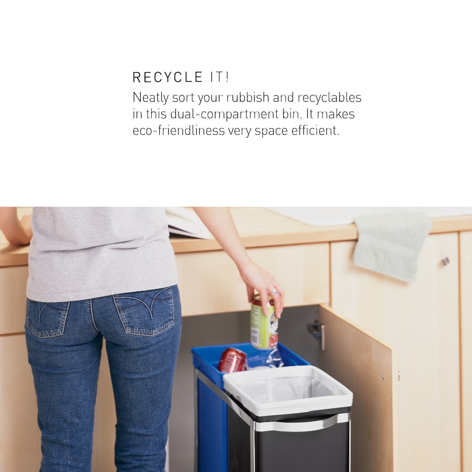 image 1 of Simplehuman 35L Pull-Out Recycling Double Kitchen Cupboard Cabinet Bin, Polished Heavy-Duty Steel Frame