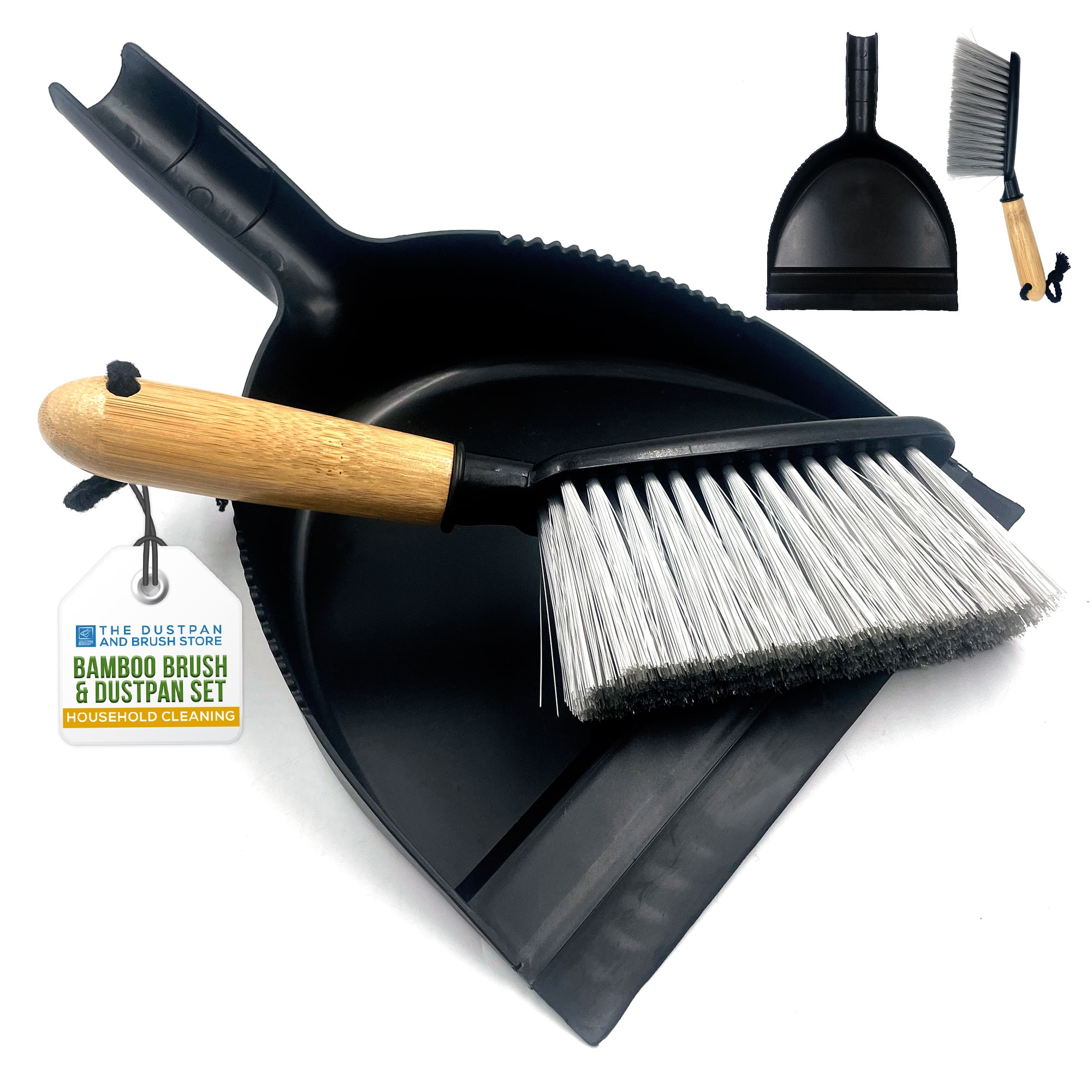 Bamboo Handled Black Dustpan and Brush Set