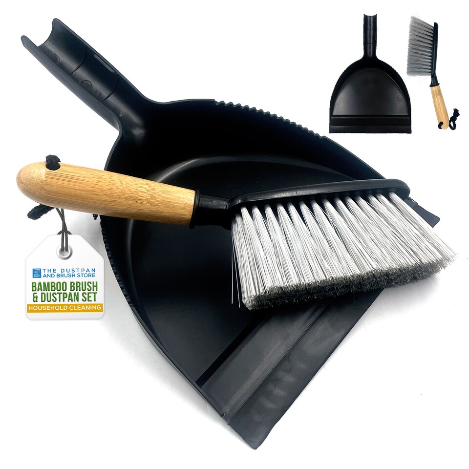image 1 of Bamboo Handled Black Dustpan and Brush Set