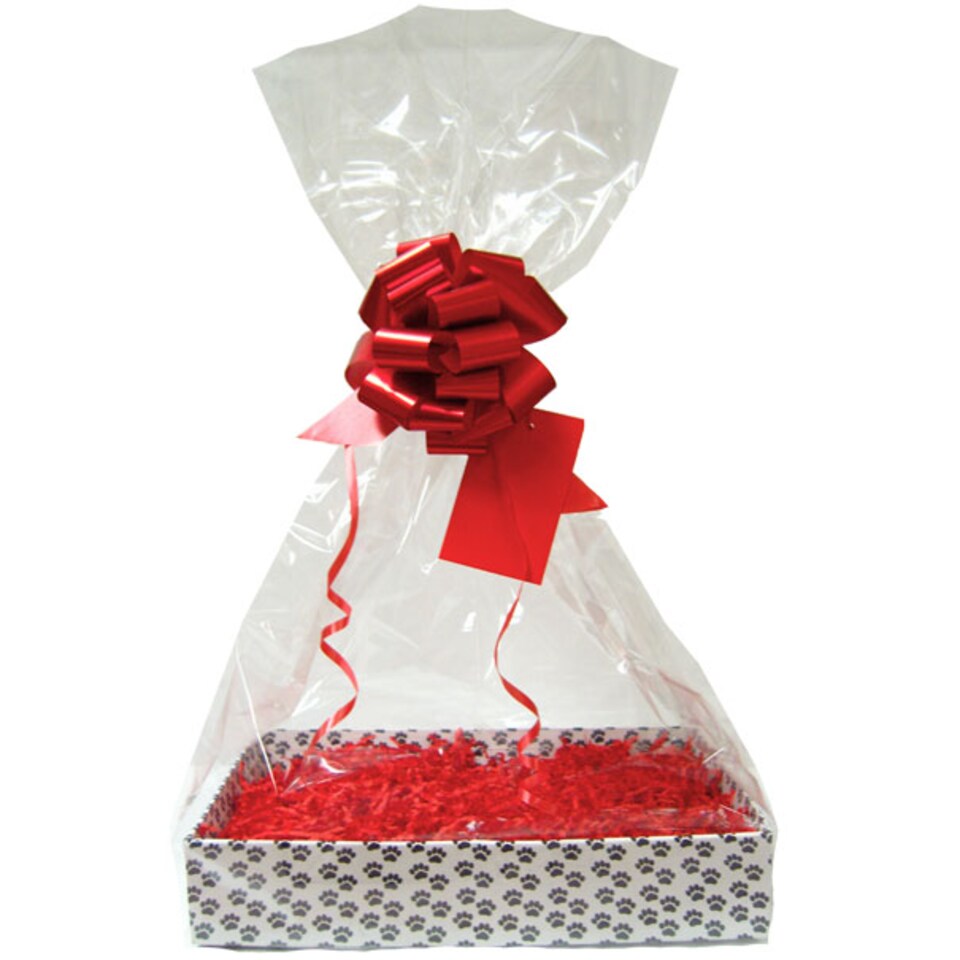 image 1 of Pet Gift Basket Kit - Paw Prints Hamper Tray with Red Gift Wrap Accessories (30x20x6cm high)